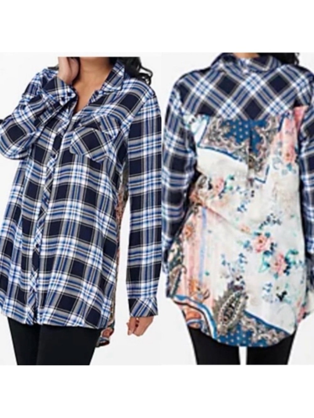 Tolani Collection Plaid Floral Paisley Tab Sleeve Button Down Tunic: Blue